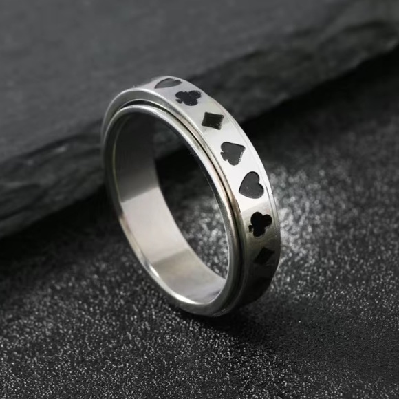 Silver Black Poker Anxiety Fidget Spinner Ring - Picture 3 of 5
